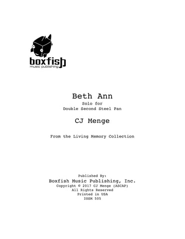 Beth Ann - Solo for Double Second Steel Pan - CJ Menge